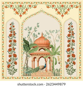 Traditional Mughal wallpaper with flower wall design. Luxury Mughal Architecture with jungle Wall Mural Background.