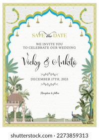 Traditional Mughal Wedding Card Design. Oriental frame with tropical tree Invitation card for printing vector illustration.