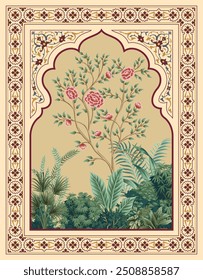 Traditional Mughal Wedding Card Design, Tropical Plant with Mughal arch, Flower, Watercolor Background.