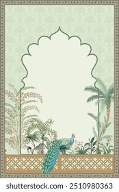 Traditional Mughal Wedding Card Design, Invitation Card Design, Mughal Arch with Seamless Motif, Peacock.