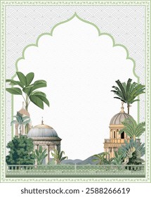 Traditional Mughal Wedding card Illustration, Indian Wedding Card Design, Mughal Arch, Dome.