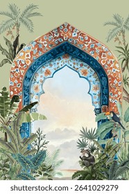 Traditional Mughal Wedding Card Illustration, Invitation Card, Mughal Garden Illustration.