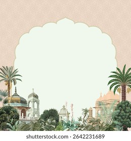 Traditional Mughal Wedding Card Illustration, Mughal Garden, Arch, Dome, Mughal Wall Mural Design.