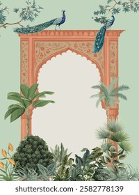 Traditional Mughal Wedding card Invitation, Mughal Arch, Peacock, Tropical Tree.