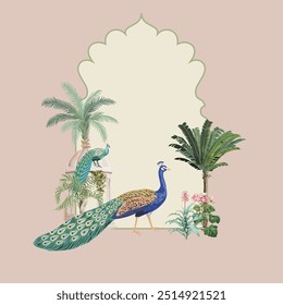 Traditional Mughal Wedding card monogram Design, Mughal Wall Mural, Peacock.