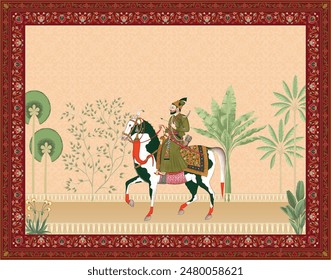 Traditional Mughal wedding illustration for invitation. Mughal wedding wallpaper design.