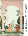 Traditional Mughal Wedding Invitation Card Design, 3d,Illustration.,White,Arabic,Arch,With,Floral,Patterns.