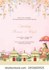 Traditional Mughal wedding invitation card design. Mughal queen, Rajasthani Jaipuri wedding invitation card.