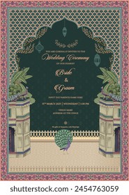 Traditional Mughal wedding invitation card design. Invitation card with peacock, tropical trees, arch and palace. Vector illustration.