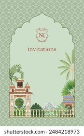 Traditional Mughal wedding invitation card design. Frame for wedding invitation