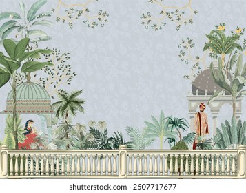 Traditional Mughal Wedding invitation card design, Tropical plam tree, Bride and Groom.