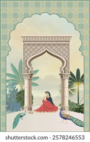 Traditional Mughal Wedding Invitation Card Illustration, Mughal Invitation, Wedding Card, Mughal Arch, Bride, Peacock.
