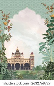Traditional Mughal Wedding Invitation Card Design, Mughal Wall Mural, Mughal Palace, Seamless Design,Tropical Tree.
