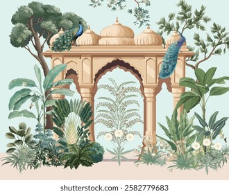 Traditional Mughal Wedding Mural Illustration, Mughal Garden Illustration, Mughal Arch, Peacock.