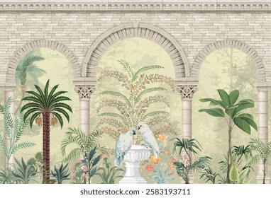 Traditional Mughal Wedding Mural Illustration, Mughal Arch, Watercolor Background, Birds.