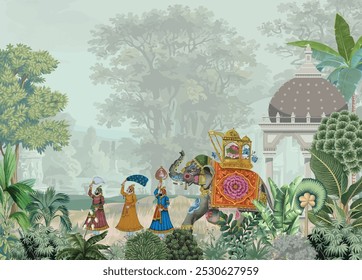 Traditional Mughal Wedding Mural Illustration,Decoration,Temple, Rajasthan, Indian Wedding, Wedding Invitation.