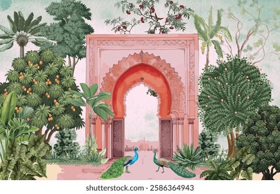 Traditional Mughal Wedding Wall Mural, Mughal background, Tropical Tree, Peacock.