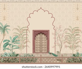 Traditional Mughal-style courtyard illustration with ornate arched door, blooming trees, tropical plants, and a vibrant peacock. Perfect for wedding backdrops, cultural art, or heritage design themes.