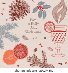 Traditional mulled wine with spices. Christmas card.