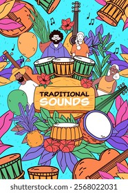 Traditional music celebration with diverse musicians playing drums and guitars surrounded by colorful leaves and flowers in vibrant setting. Poster design