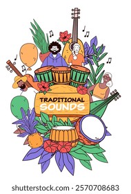 Traditional music celebration with diverse musicians playing drums and guitars surrounded by tropical leaves and flowers colorful artistic composition