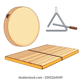 Traditional musical instruments for modern music. Vector ravanna, maravanna and triangl. Homemade percussion instruments of african countries in flat style isolated on white background.