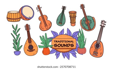 Traditional musical instruments and plants colorful hand-drawn guitars drums leaves decorative design elements white background