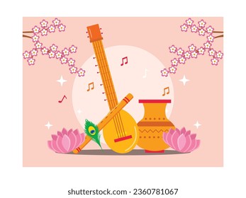 Traditional musical instruments siter, flute, drum from India. With flowers and peacock feathers. Character design. Vector flat illustration