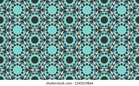 Traditional muslim background in blue, green and brown colors. Stylish fractal texture. Seamless arabic geometric pattern. Print card 
