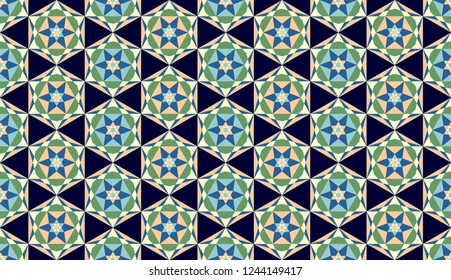 Traditional muslim background in blue, green and brown colors. Stylish fractal texture. Seamless arabic geometric pattern. Print card 