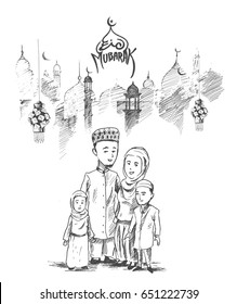 Traditional Muslim Family Children Hand Drawn Stock Vector (royalty 