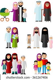 Traditional muslim family with children and maturity  Set of vector  illustration arab  family in national clothes 