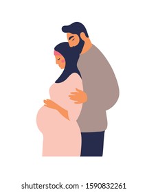 Traditional Muslim family expecting a baby. Pregnant woman with a husband. Arab family. Flat vector illustration isolated on white background.