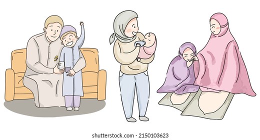 Traditional muslim family with father and son selfie.  Mother and baby breastfeeding. Mother and daughter pray. Muslim family in daily activities Vector illustration