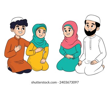 Traditional muslim family. Flat vector illustration arab family in national clothes