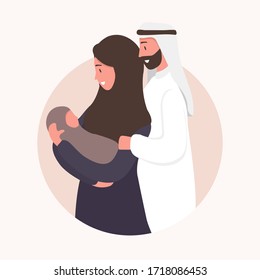 Traditional muslim family, motherhoodand child birth in arab couple. Woman in hijab and national costume with her husband and baby. Flat vector illustration.