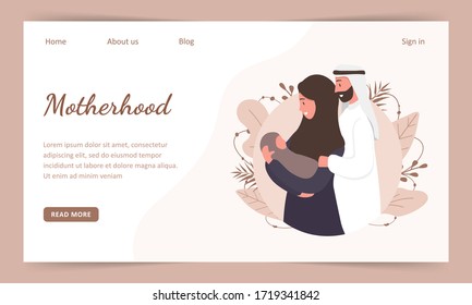 Traditional muslim family, motherhoodand child birth in arab couple. Landing page template. Woman in hijab and national costume with her husband and baby. Flat vector illustration.