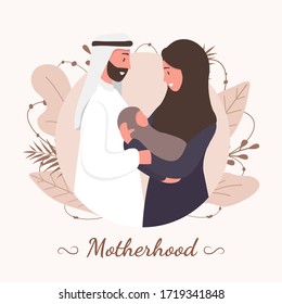 Traditional muslim family, motherhoodand child birth in arab couple. Woman in hijab and national costume with her husband and baby. Flat vector illustration.