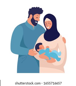 Traditional muslim family with newborn baby. Happy arab man hugs child and wife in hijab. Flat cartoon illustration isolated on white background