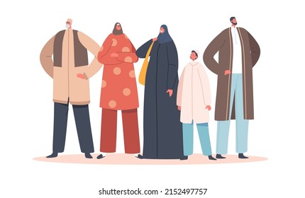 Traditional Muslim Family, Parents, Grandparents and Child, Young and Old Characters. Arab People Wear National Clothes. Muslim Culture, Arabian Personages Traditions. Cartoon Vector Illustration