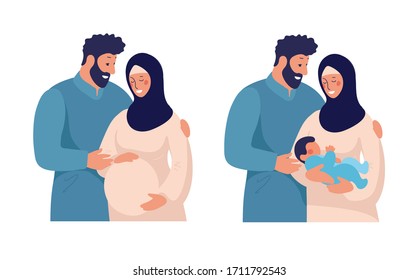 Traditional muslim family, pregnancy and child birth in arab couple. A pregnant woman in a hijab and a national costume with her husband and baby. Flat vector illustration