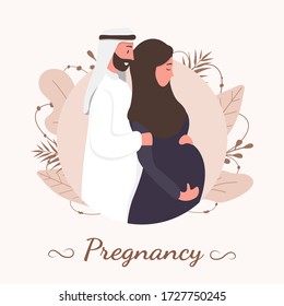 Traditional muslim family, pregnancy and child birth in arab couple. A pregnant woman in hijab and national costume with her husband and baby. Flat vector illustration.