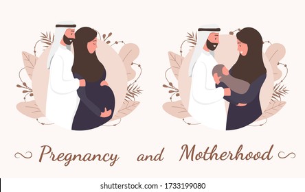 Traditional muslim family, pregnancy and child birth in arab couple. A pregnant woman in hijab and national costume with her husband and baby. Flat vector illustration.