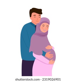 Traditional muslim family. A pregnant woman in a hijab and a national costume with her husband.