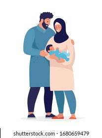 Traditional muslim family standing with newborn baby. Happy arab man hugs child and wife in hijab. Flat cartoon illustration isolated on white background