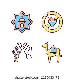 Traditional muslim symbols RGB color icons set. Strong desert camel. Praying hands with religious rosary thing. Ramadan traditions. Isolated vector illustrations