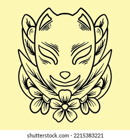 traditional mythology Mask illustration Monoline Vector Logo, Kitsune vintage badge, creative emblem Design For Tshirt
