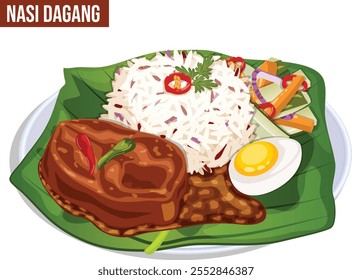 Traditional Nasi Dagang Served on Banana Leaf in a Plate. Rice, Fish Curry, Boiled Egg and Pickled Vegetables. Authentic Malaysian Cuisine Detailed Illustration.