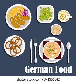 Traditional national food of german cuisine with mushroom cream soup with croutons, sausages served with fried potatoes and red cabbage, roasted brussel cabbage sprouts, pretzels, coffee with milk 