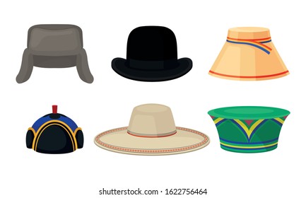 Traditional National Headwear Isolated on White Background Vector Set